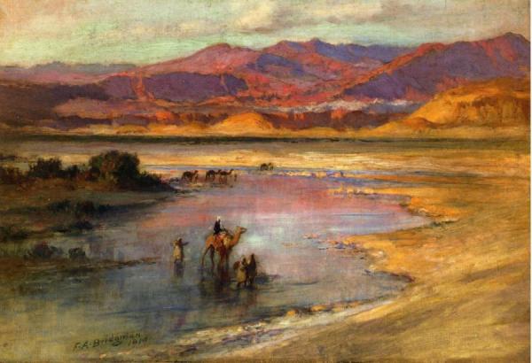 Crossing An Oasis, With The Atlas Mountains In The Distance, Morocco by Frederick Arthur Bridgman