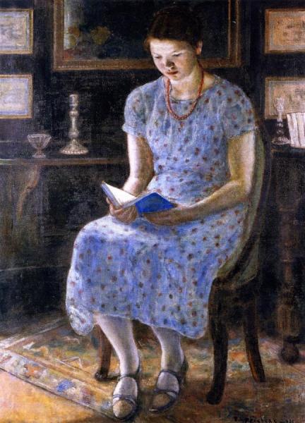 Blue Girl Reading by Frederick Carl Frieseke Oil Painting Reproductions
