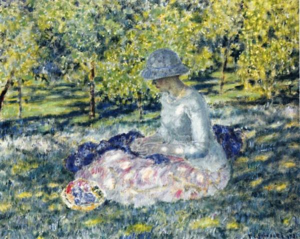 Woman Seated In A Park With Basket by Frederick Carl Frieseke