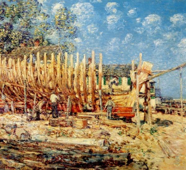 Building The Schooner, Provincetown by Frederick Childe Hassam