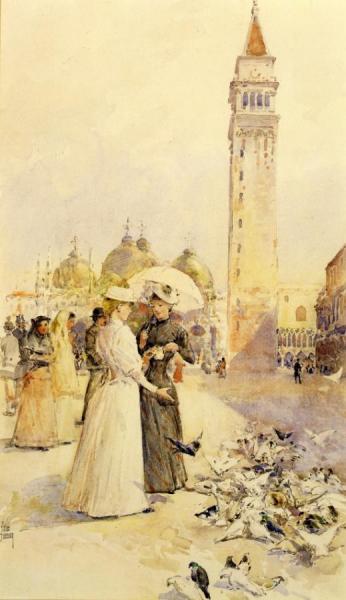 Feeding Pigeons In The Piazza by Frederick Childe Hassam