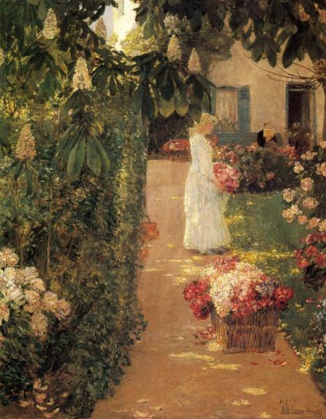 Gathering Flowers In A French Garden by Frederick Childe Hassam