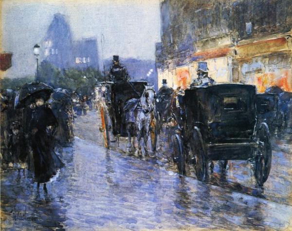 Horse Drawn Cabs At Evening, New York by Frederick Childe Hassam