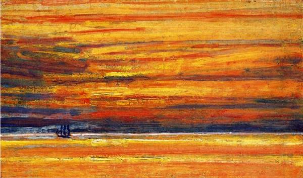 Sailing Vessel At Sea, Sunset by Frederick Childe Hassam
