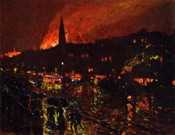 The Alarm, Firelight, Boston by Frederick Childe Hassam