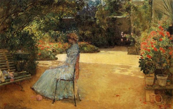 The Artist's Wife In A Garden, Villiers-le-bel by Frederick Childe Hassam