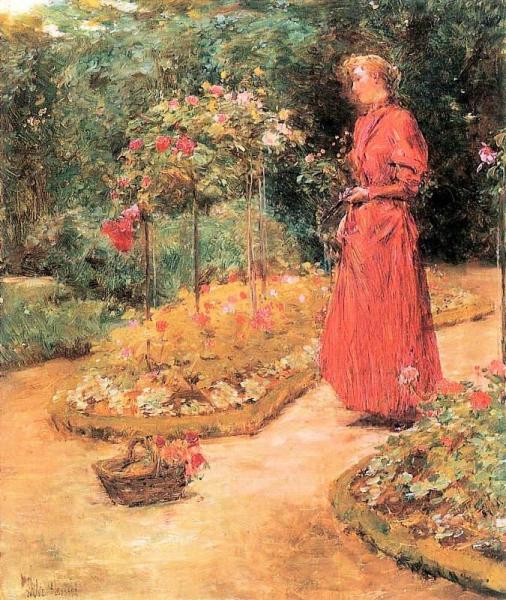 Woman Cutting Roses In A Garden by Frederick Childe Hassam