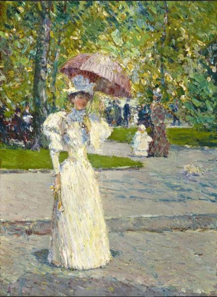 Woman With A Parasol In A Park by Frederick Childe Hassam