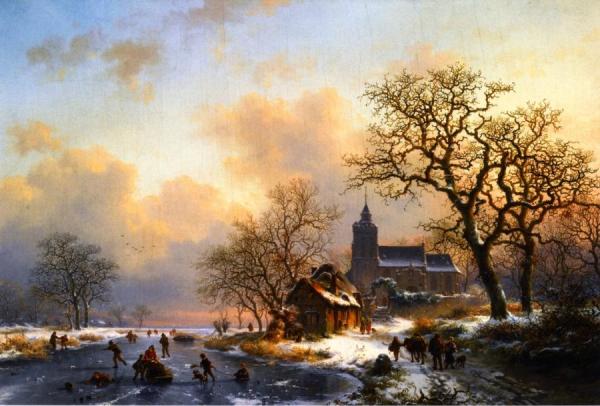 A Winter Landscape With Skaters On A Frozen River by Frederk Marinus Kruseman