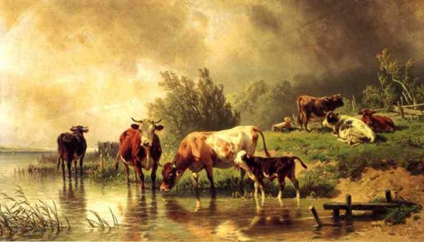 Cattle Watering By Stream Under Darkening Skies by Fredrich Johann Voltz Oil Painting Reproductions