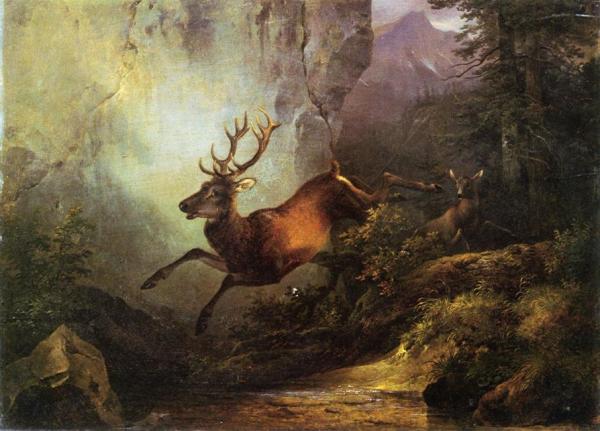 Deer Running Through A Forest by Friedrich Gauermann