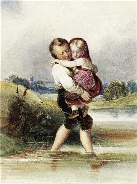 Boy Carrying His Sister Over A Stretch Of Water by Friedrich Von Amerling