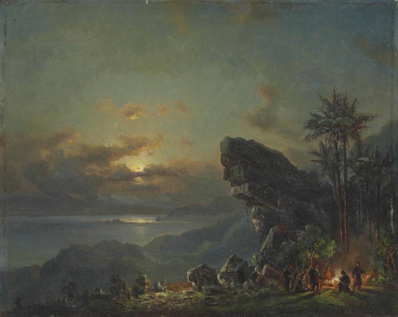 Sunset On The Venezuelan Coast With A Hunting Party Around A Fire, 1867 by Fritz Sigfried George Melbye