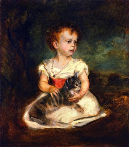 Portrait Of A Child With Cat by Fritz Von Lenbach