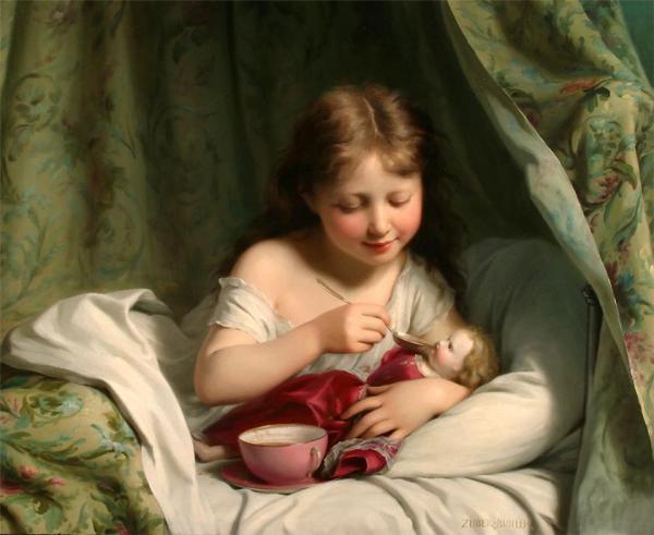 Girl Feeding Her Doll by Fritz Zuber-buhler