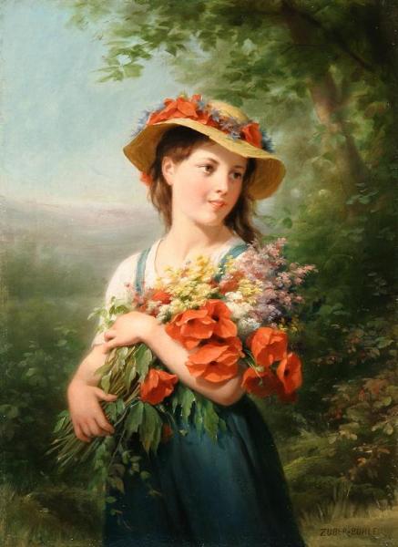 Young Girl With A Bouquet Of Wildflowers by Fritz Zuber-buhler