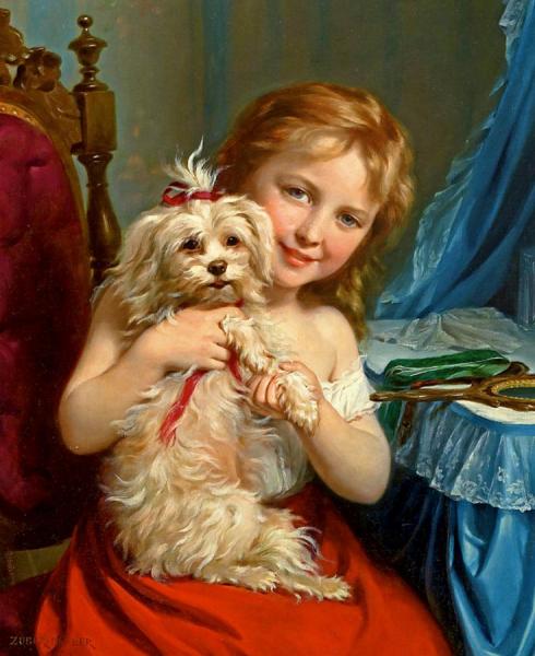 Young Girl With Bichon Frise by Fritz Zuber-buhler