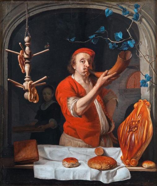 A Baker Blowing His Horn by Gabriel Metsu Oil Painting Reproductions