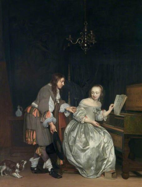 Interior With A Lady At A Spinet And A Gentleman Offering Her A Glass Of Wine by Gabriel Metsu