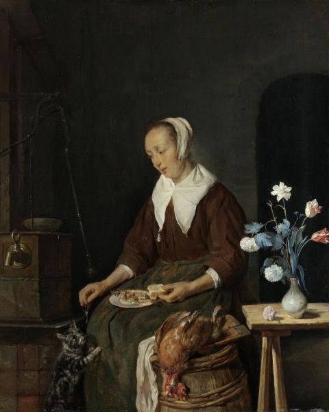 Woman Feeding Her Cat by Gabriel Metsu
