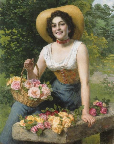 A Beauty Holding A Basket Of Roses by Gaetano Bellei Oil Painting Reproductions