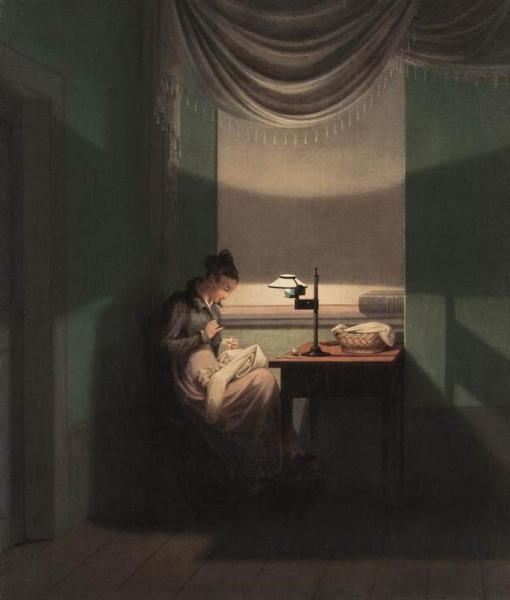 Young Woman Sewing By The Light Of A Lamp by Georg Friedrich Kersting Oil Painting Reproductions