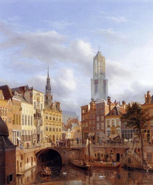The Oudegracht With A View Of The Old Town Hall And The Dom Tower Beyond, Utrecht by Georg-gillis Van Haanen