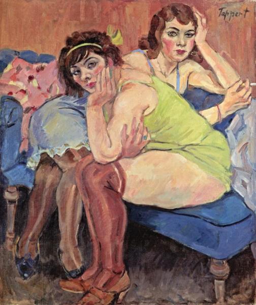 Two Girls On A Blue Sofa by Georg Tappert Oil Painting Reproductions