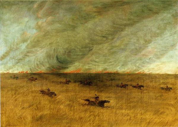 Fire In A Missouri Meadow And A Party Of Sioux Indians Escaping From It, Upper Missouri by George Catlin