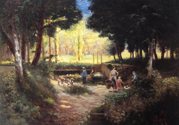 Children Feeding Ducks by George Charles Aid