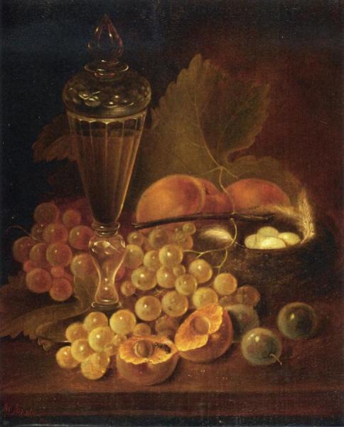 Still Life With Grapes, Peaches, Decanter And Nest Of Eggs by George Forster