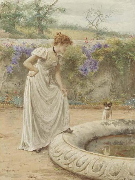 A Lady And Her Dog Looking Into A Fish Pond by George Goodwin Kilburne
