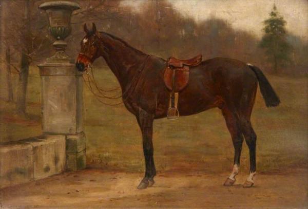 A Saddled Dark Bay Horse Next To An Urn In A Garden by George Goodwin Kilburne
