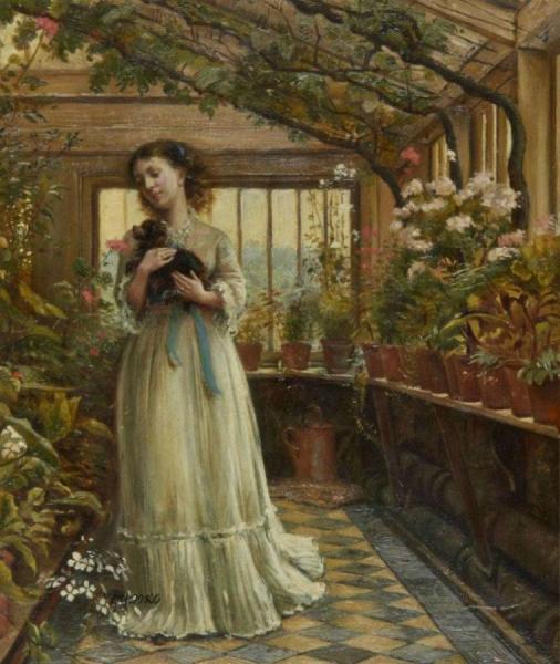 Dora Laughing Held The Dog Up Childishly To Smell The Flowers by George Goodwin Kilburne