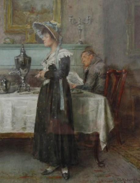 Lady Standing Beside A Table Near A Man Reading A Paper by George Goodwin Kilburne