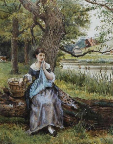 Maid Seated By A Tree Before A River by George Goodwin Kilburne