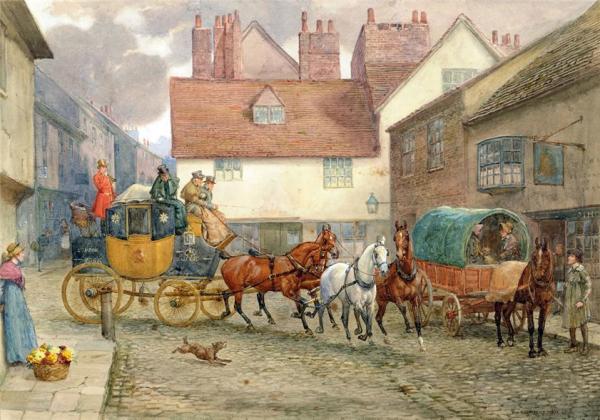 The London To York Stagecoach On A Cobbled Street by George Goodwin Kilburne