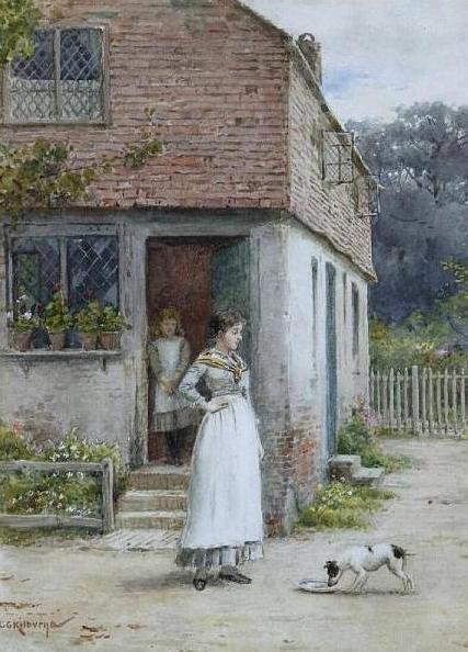 Woman And Dog Before A Cottage by George Goodwin Kilburne
