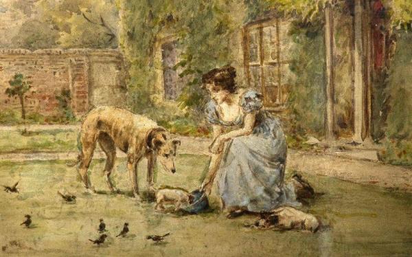 Young Girl Feeding The Dogs by George Goodwin Kilburne