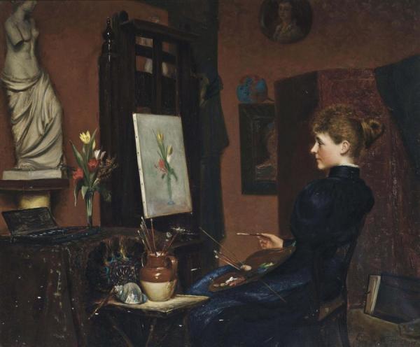 Portrait Of Clara Potts Sitting At An Easel Painting A Still Life Of Flowers by George H. Wimpenny