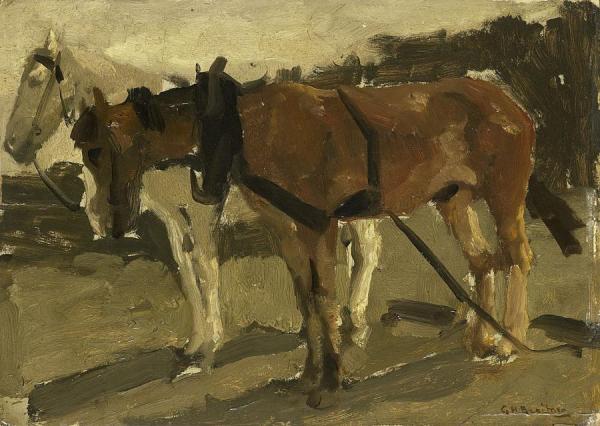 A Brown And A White Horse In Scheveningen by George Heidrik Breitner