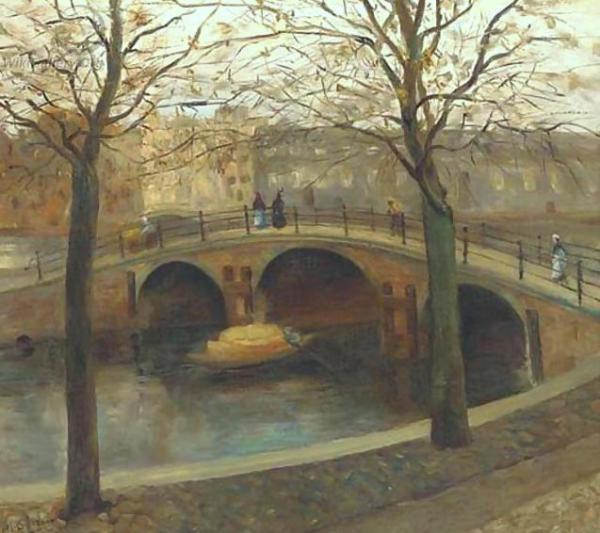 Figuress Walking Across A Bridge Over A Dutch Canal by George Heidrik Breitner