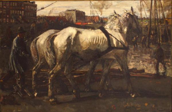 Two White Horses Pulling Posts In Amsterdam by George Heidrik Breitner