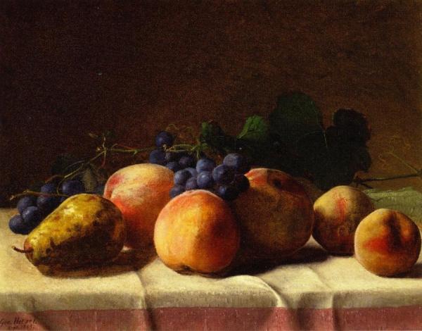 Grapes, Peaches And Pear On A Table by George Hetzel Oil Painting Reproductions