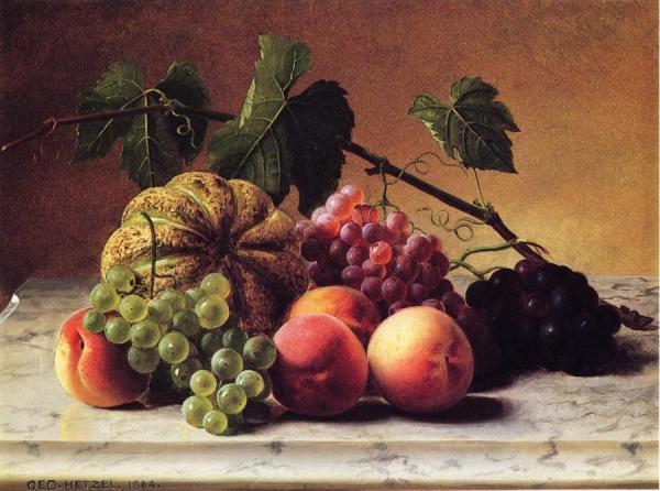 Still Life With Cantaloupe, Grapes And Peaches by George Hetzel