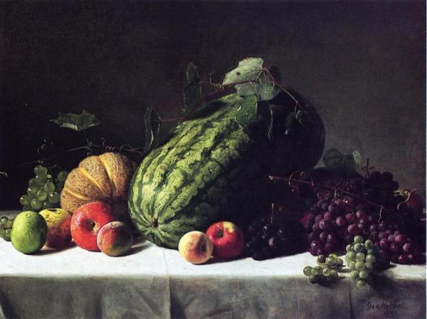 Still Life With Watermelon, Cantaloupe And Grapes by George Hetzel