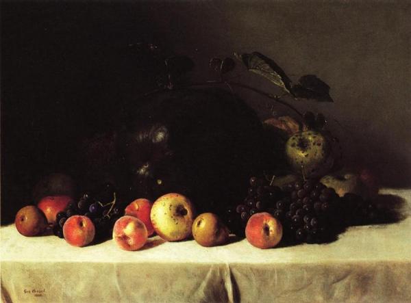 Still Life With Watermelon, Grapes And Apples by George Hetzel