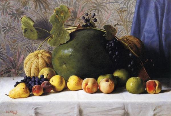 Watermelon, Cantaloupes, Grapes And Apples by George Hetzel