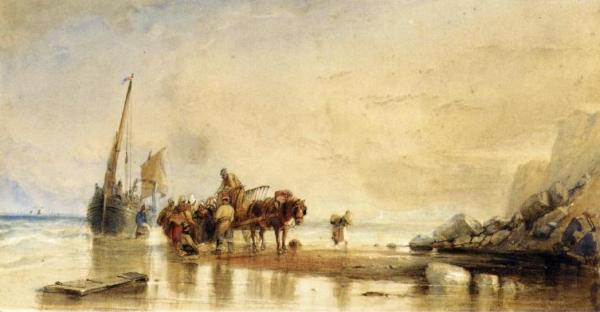 Figures Unloading Fishing Boats On Shore by George Howse