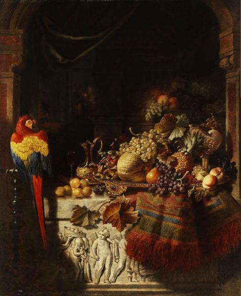 George Lance Still Life With Fruits And Parrot